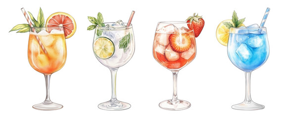 Colorful Summer Cocktail Set. Cocktails in a glass with a long stem.