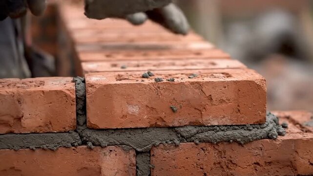 A bricklayer is putting cement on a brick wall