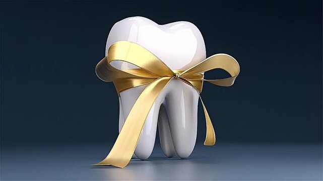 Tooth adorned with gold ribbon on dark blue Background