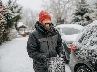 Smiling mechanic in winter attire holds a winter tire while standing in a snowy driveway, showcasing car service and safety in a workshop environment