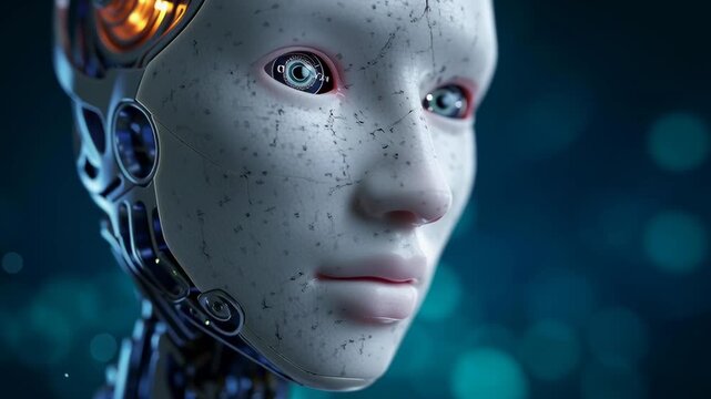 A robot with a face and eyes that are glowing. The robot is looking at the camera. The robot is made of metal and has a metallic appearance
