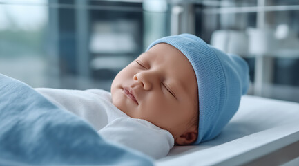 Newborn baby sleeping peacefully in hospital incubator, wrapped in soft blanket, wearing a light blue hat, showcasing serene and tender moment of early life