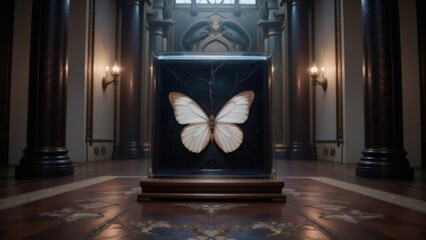White Butterfly Specimen Encased in Modern Display at Museum, Interior