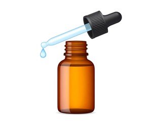 A brown glass bottle with a dropper, exhibiting a liquid drop falling.