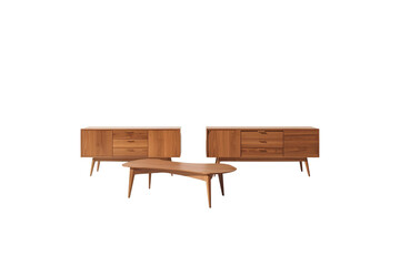 Elegant mid-century modern furniture set adds style to any home, featuring sleek lines, wooden texture, and timeless design for a sophisticated interior