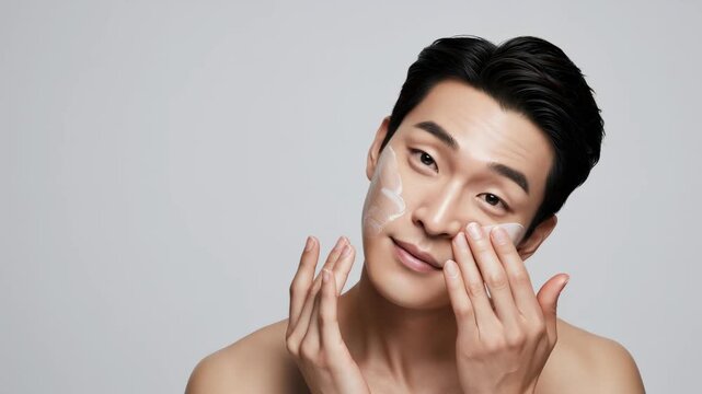 Asian man applies cosmetic cream to face for skincare routine. Beauty product application and healthy skin concept. Video footage.