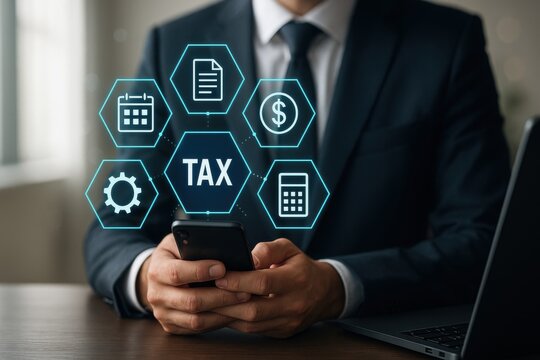 Businessman using smartphone with holographic tax icons including calculator, calendar and finance symbols 
