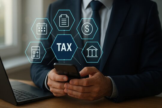 Business professional holding smartphone with holographic tax interface including calculator, bank and finance icons 
