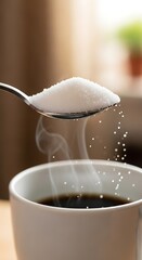 Sugar being added to a cup of coffee.