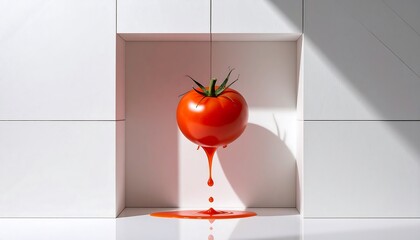 Tomato Dripping Juice Against White Background with Minimalist Design