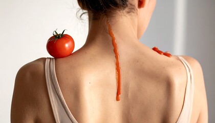 Tomato on Shoulder with Sauce Down Back in Studio Setting