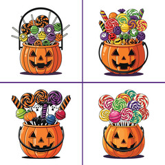 Halloween Pumpkin Candy Bucket Vector Set with Lollipops and Sweets