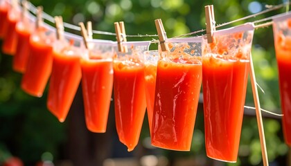 Tomato Sauce Drying on Clothesline in Garden with Green Background