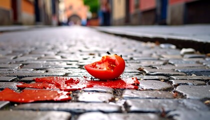 Tomato Slice on Cobblestone Street with Red Splatter