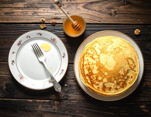A stack of golden-brown pancakes sits atop a white plate,  beside an empty plate and a small honey jar, on a rustic wooden table.