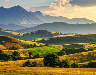 Obraz premium A scenic vista of rolling hills, vibrant fields, and majestic mountains under a soft, golden sunset light.