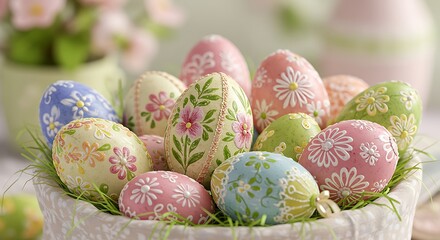 Decorated easter eggs in basket with floral patterns and pastel colors