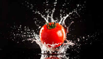 Tomato Splash with Water on Black Background Fresh Food Concept