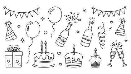 Hand drawn celebration elements festive party birthday decorations and champagne toast elements collection