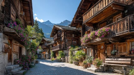 Picturesque mountain village street with wooden chalets