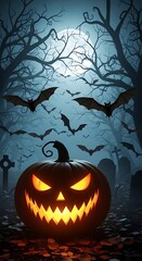 Spooky Halloween Pumpkin in Graveyard Scene.