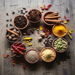 Assorted Indian Spices in Bowls.