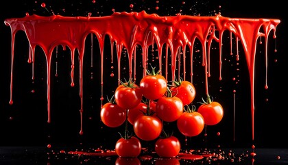 Tomatoes and Red Paint Dripping Against Black Background