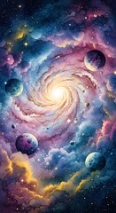 Colorful Spiral Galaxy with Planets.