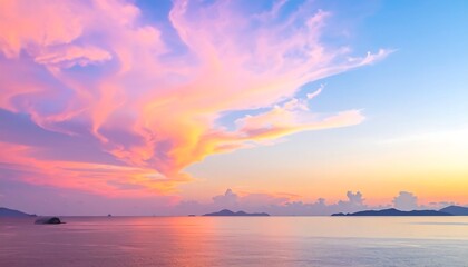Obraz premium A serene seascape at dawn, featuring a vibrant array of pastel hues in the sky, from soft pinks and oranges to calming blues.