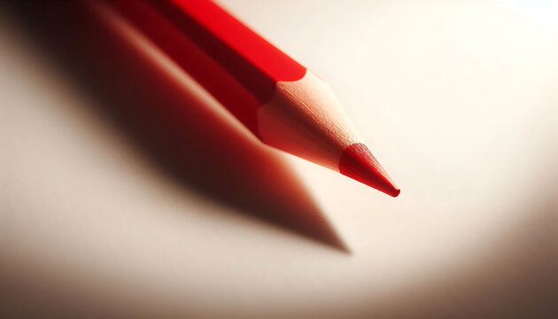Close-up of a sharpened red pencil tip resting on smooth white paper. Ideal for themes of writing, drawing, creativity, focus, education, art, study, and design inspiration...