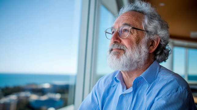 Thoughtful senior man with white beard and glasses gazing serenely out sunlit window overlooking vast blue sky and distant ocean