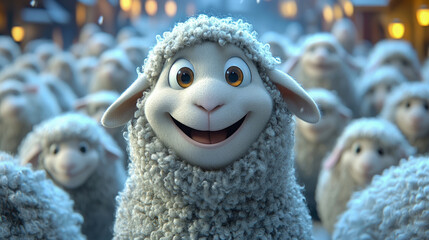 Obraz premium Joyful animated white sheep with big eyes smiles broadly in foreground, surrounded by its fluffy, out-of-focus flock in warm, cheerfully lit setting.
