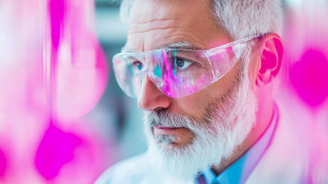 Close-up of focused senior male scientist wearing safety glasses, reflecting vibrant magenta grow lights in modern agricultural or botanical research laboratory