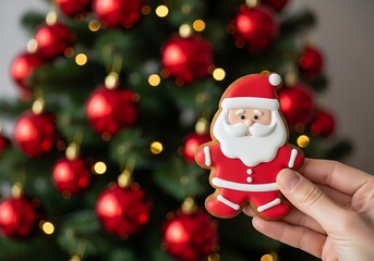 Christmas Gingerbread Man Cookie in Front of Christmas Tree.