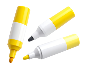 Three yellow marker pens isolated on transparent background