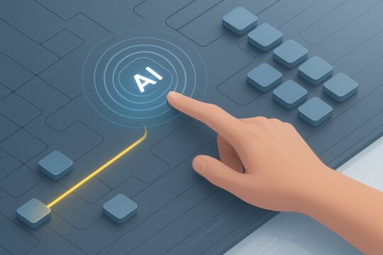 Hand pressing AI button on futuristic interface with digital circuit pathways and innovation concept 
