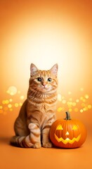 Orange Cat with Halloween Pumpkin.