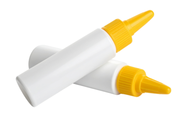 Two white squeeze bottles with yellow caps isolated on transparent background