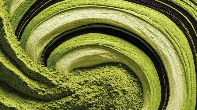 A mesmerizing  showcases a swirl of textured green, cream, and black elements creating a dynamic pattern and abstract composition with powder accents.