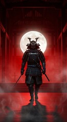 Samurai Warrior in Red Setting, Focused and Determined.
