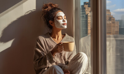 Relaxed young woman sitting by a sunlit window, wearing a facial mask and cozy sweater, holding a cup of coffee or tea. Concept of self-care, relaxation, morning routine, and wellness 