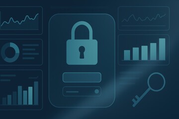 Cybersecurity dashboard with lock icon and analytics charts for digital data protection system 
