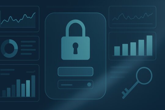 Cybersecurity dashboard with lock icon and analytics charts for digital data protection system 
