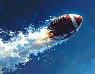 A dynamic american football soars through the air, amidst a backdrop of vibrant blue and white paint strokes.