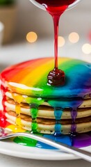 Rainbow Stacked Pancakes Drizzled with Syrup.