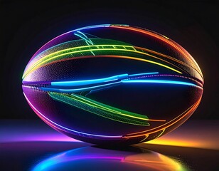 A vibrant, futuristic rugby ball, illuminated by vibrant neon colors, showcases a dynamic design against a dark backdrop.