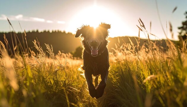 Happy Dog Running Through Tall Grass at Sunset with Golden Light - Powered by Adobe