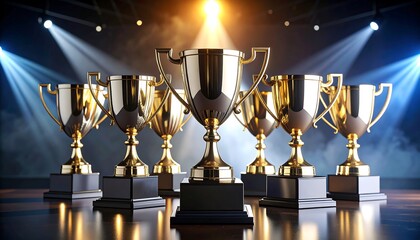 Trophies on Display Lit by Stage Spotlights Celebrating Achievement