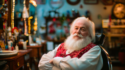 Santa Claus Sitting in Barber Chair with Blurred Barbershop Background and Christmas Decorations &ndash; Festive Grooming Concept