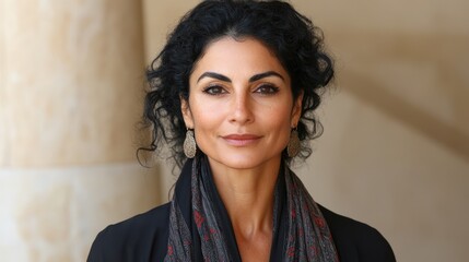 A woman with dark, curly hair and fair skin smiles gently. She is wearing drop earrings, a black top, and a patterned grey and red scarf. The background is neutral
